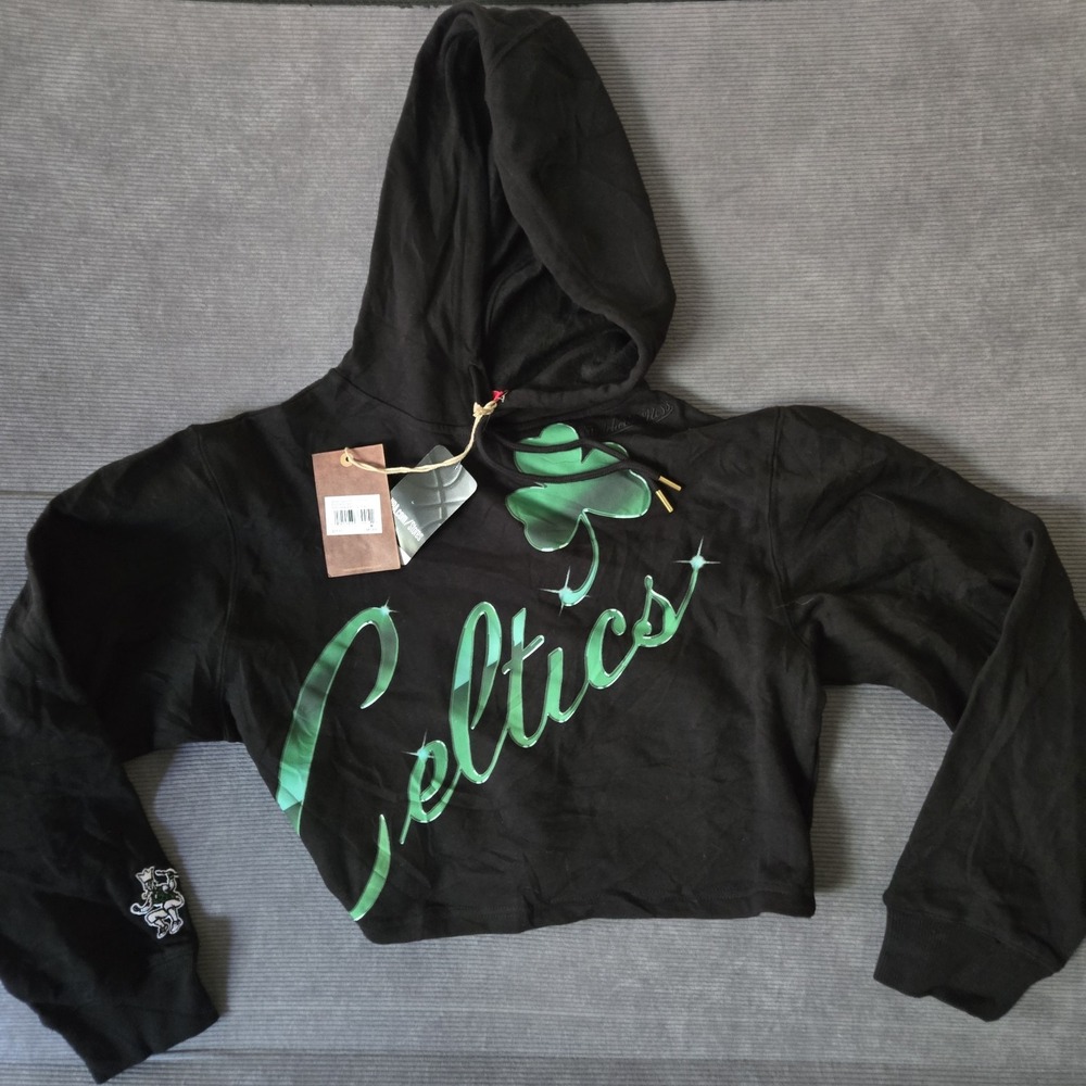 Mitchell & Ness Boston Celtics Hoodie Womens M Black New Big Face 4.0 Cropped